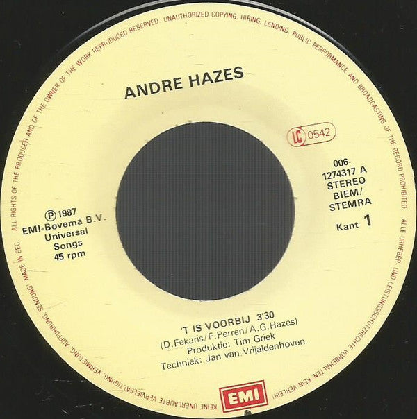 André Hazes : 't Is Voorbij (7",45 RPM,Single,Stereo)
