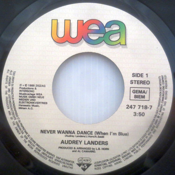 Audrey Landers : Never Wanna Dance (When I'm Blue) (7",45 RPM,Single,Stereo)