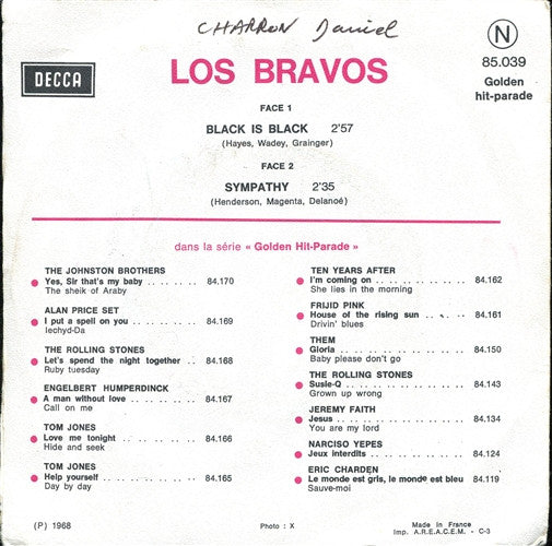 Los Bravos : Black Is Black / Sympathy (7",45 RPM,Single)