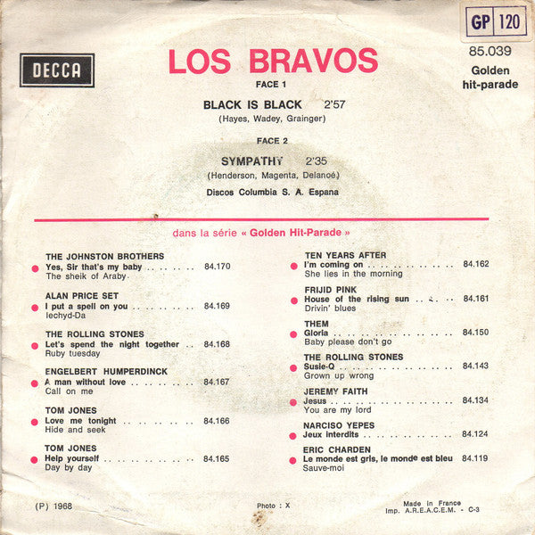 Los Bravos : Black Is Black / Sympathy (7",45 RPM,Single)