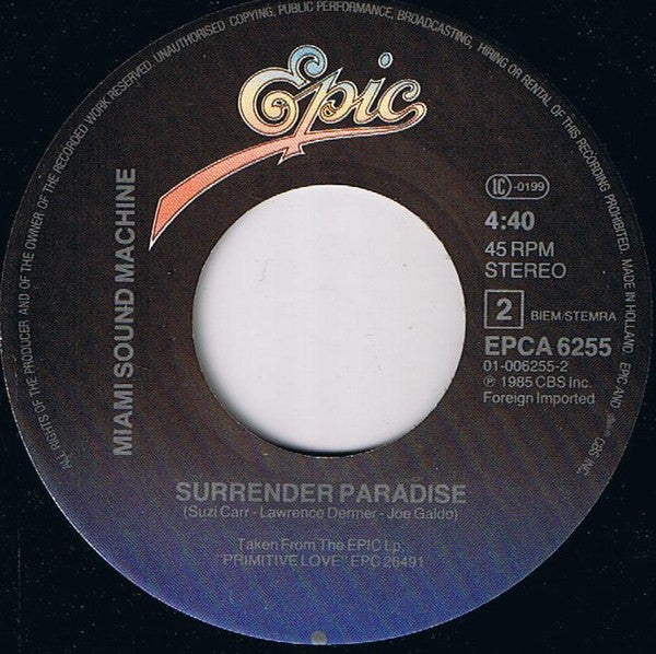 Miami Sound Machine : Bad Boy (7",45 RPM,Single,Stereo)