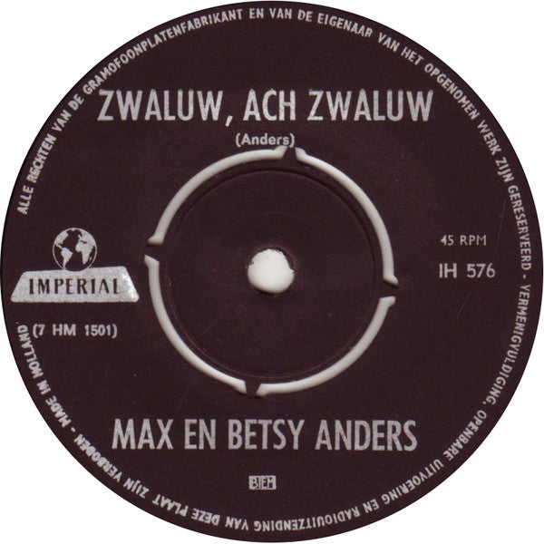 Max En Betsy Anders : De Wind Steekt Op / Zwaluw, Ach Zwaluw (7",45 RPM,Single)
