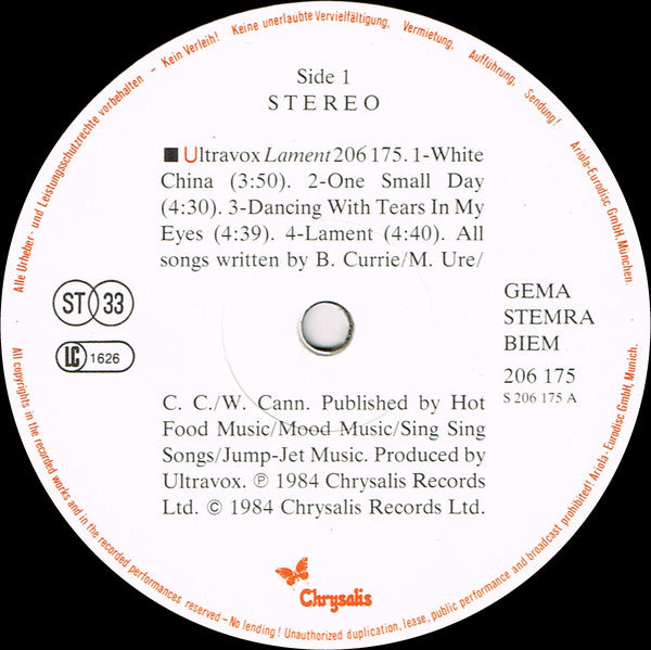 Ultravox : Lament (LP,Album,Stereo)
