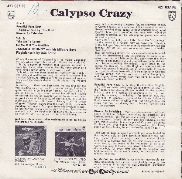 Jamaica Johnny And His Milagro Boys : Calypso Crazy (7",45 RPM,EP)