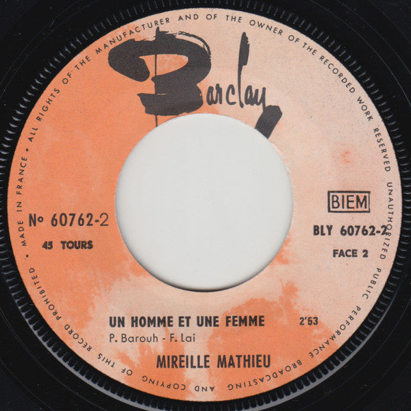 Mireille Mathieu : Viens Dans Ma Rue / Un Homme Et Une Femme (7",45 RPM,Single)