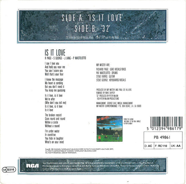 Mr. Mister : Is It Love (7",45 RPM,Single)