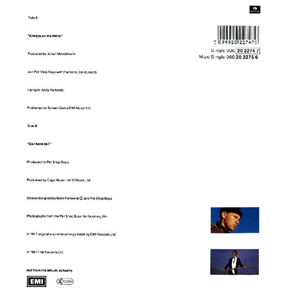Pet Shop Boys : Always On My Mind (7",45 RPM,Single,Stereo)