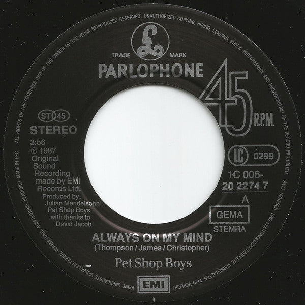 Pet Shop Boys : Always On My Mind (7",45 RPM,Single,Stereo)