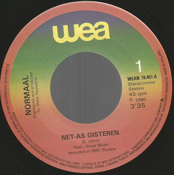 Normaal : Net-As Gisteren (7",45 RPM,Stereo,Mono)