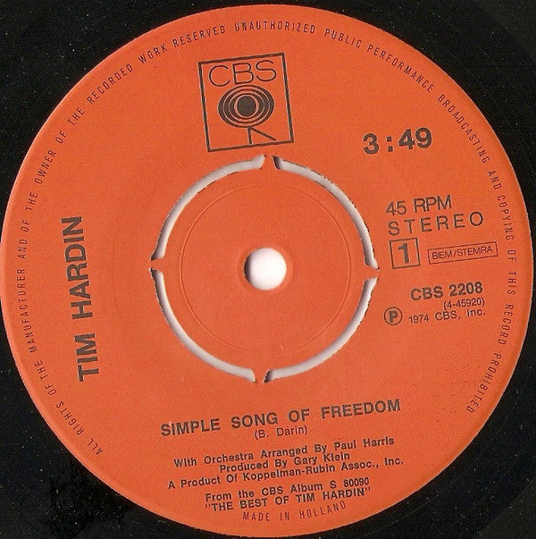 Tim Hardin : Simple Song Of Freedom (7",45 RPM,Single,Reissue,Stereo)