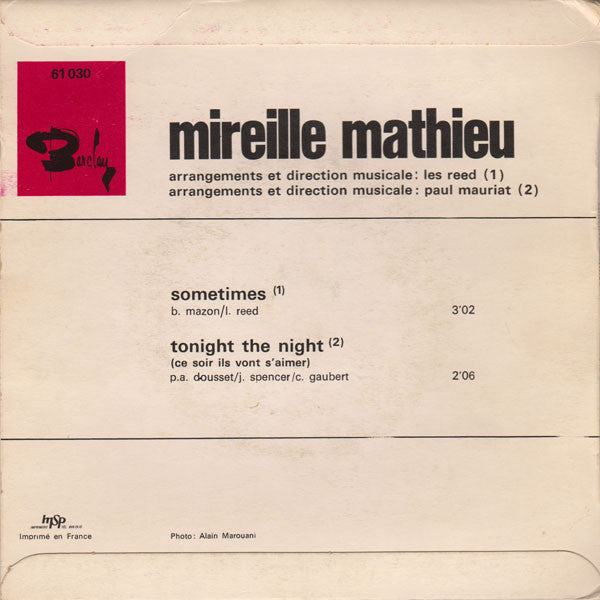 Mireille Mathieu : Sometimes / Tonight The Night (7",45 RPM)