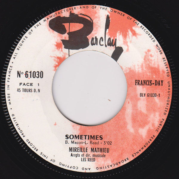 Mireille Mathieu : Sometimes / Tonight The Night (7",45 RPM)