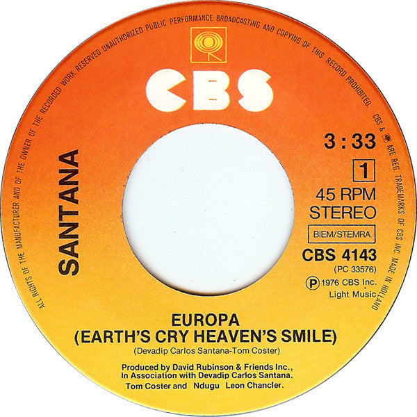 Santana : Europa (Earth's Cry Heaven's Smile) (7",45 RPM,Single)