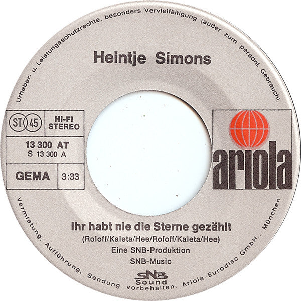 Heintje : Ihr Habt Nie Die Sterne Gezählt / Das Lied Der Inseln (7",45 RPM,Single)