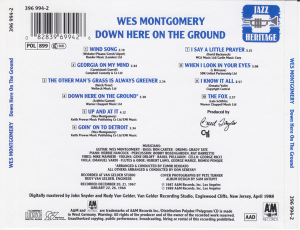 Wes Montgomery : Down Here On The Ground (Album,Reissue,Remastered)