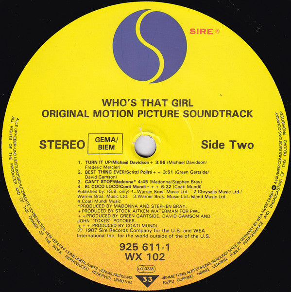 Madonna : Who's That Girl (Original Motion Picture Soundtrack) (LP,Album,Stereo)
