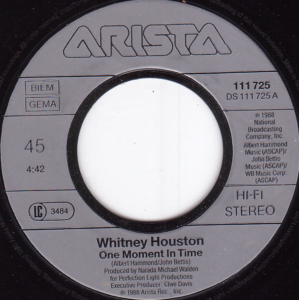 Whitney Houston : One Moment In Time (7",Single,45 RPM)