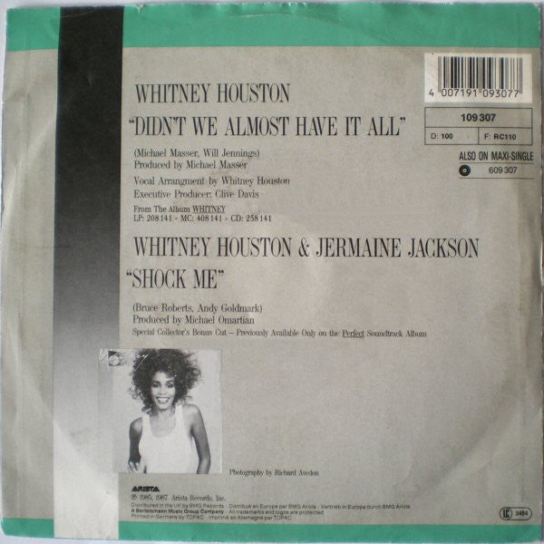 Whitney Houston : Didn't We Almost Have It All (7",45 RPM,Single,Stereo)