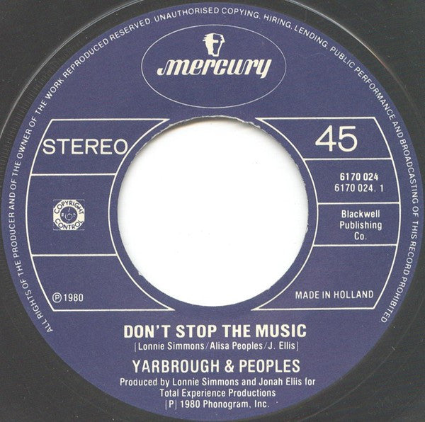 Yarbrough & Peoples : Don't Stop The Music (7",45 RPM,Stereo)