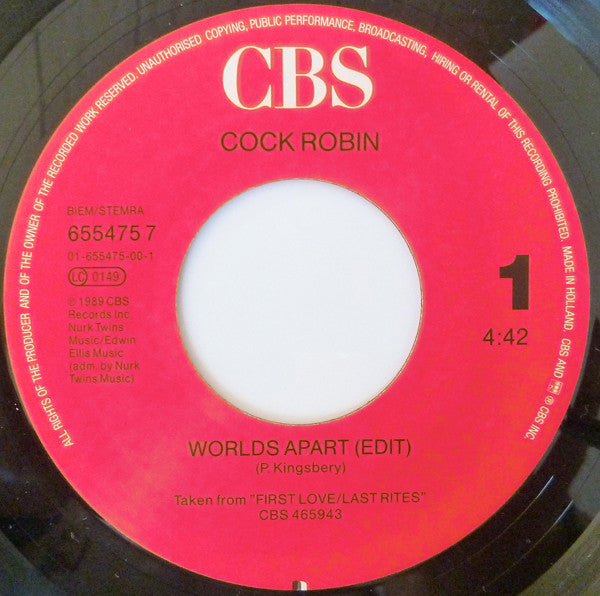 Cock Robin : Worlds Apart  (7",45 RPM,Single)