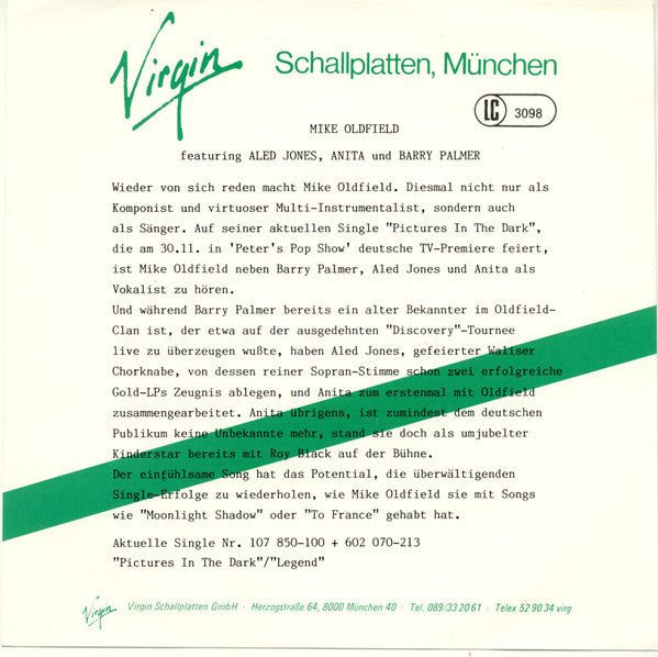 Mike Oldfield : Pictures In The Dark (7",45 RPM,Single,Stereo)