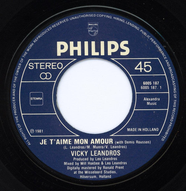 Vicky Leandros With Demis Roussos : Je T'aime Mon Amour  (7",45 RPM,Single,Stereo)