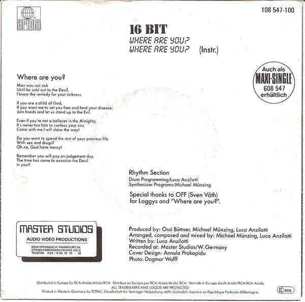 16 Bit : Where Are You? (7",45 RPM,Single,Stereo)