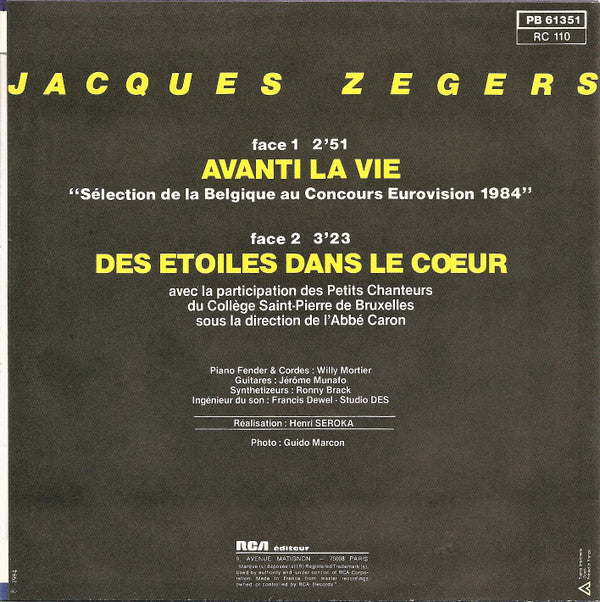 Jacques Zegers : Avanti La Vie (7",45 RPM,Single,Stereo)
