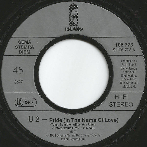 U2 : Pride (In The Name Of Love) (7",45 RPM,Single,Stereo)