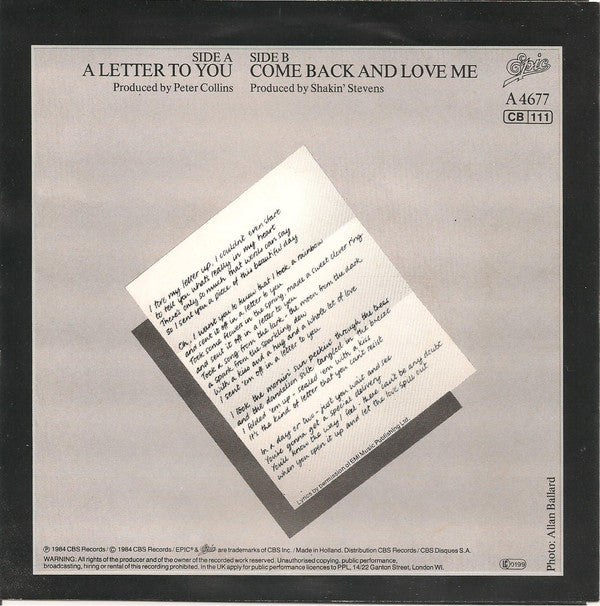 Shakin' Stevens : A Letter To You (7",45 RPM,Single,Stereo)