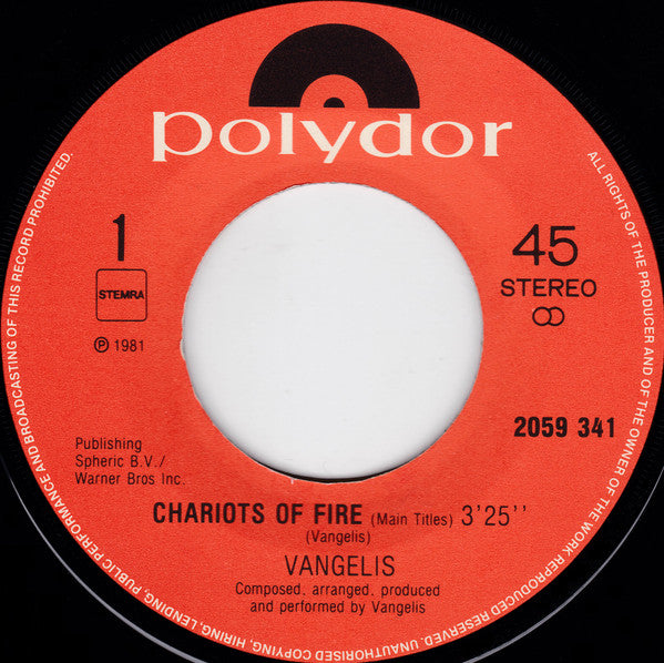 Vangelis : Chariots Of Fire (7",45 RPM,Single)