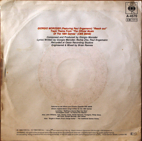 Giorgio Moroder Featuring Paul Engemann : Reach Out (7",45 RPM,Single)