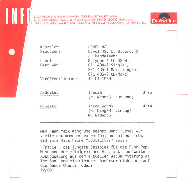 Level 42 : Tracie (7",45 RPM,Single,Stereo)