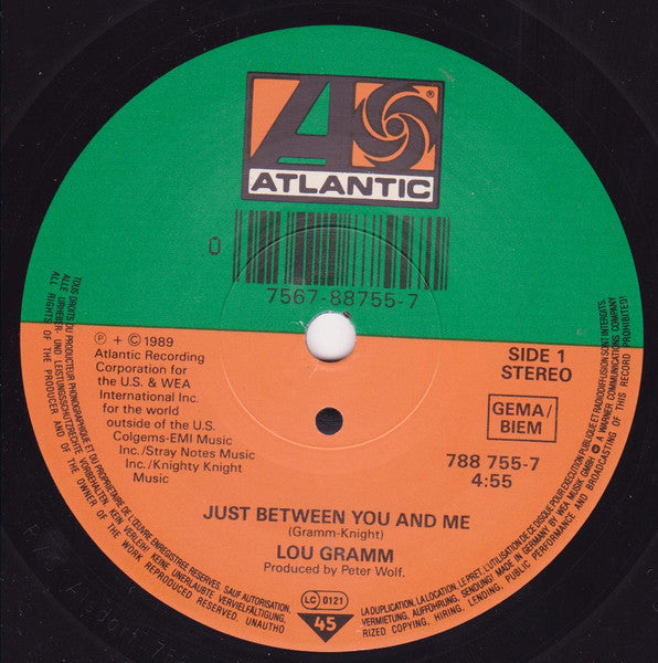 Lou Gramm : Just Between You And Me (7",45 RPM,Single,Stereo)