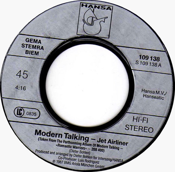 Modern Talking : Jet Airliner (7",45 RPM,Single,Stereo)