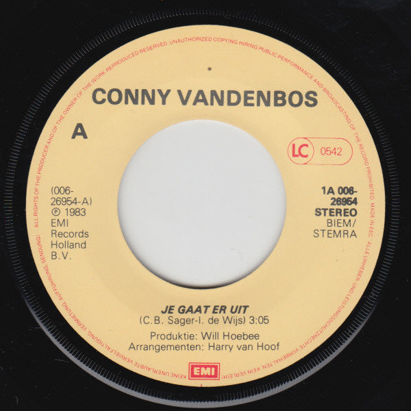 Conny Vandenbos : Je Gaat Er Uit / Hedenmorgen Negen Uur (7",45 RPM,Single,Stereo)