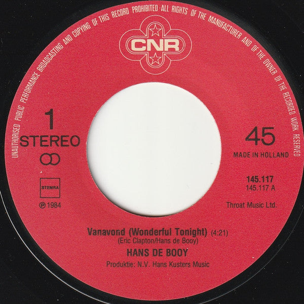 Hans De Booy : Vanavond (7",45 RPM,Single,Stereo)
