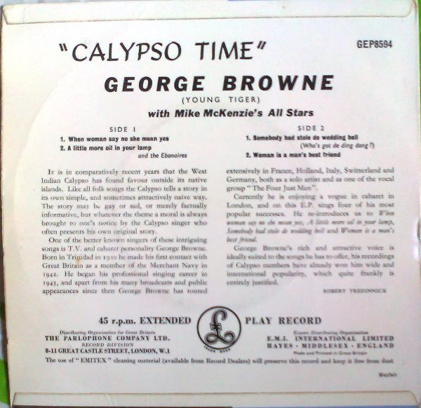 George Browne With Mike Mckenzie's All Stars And Ebonaires (2), The : Calypso Time (7",45 RPM,EP)