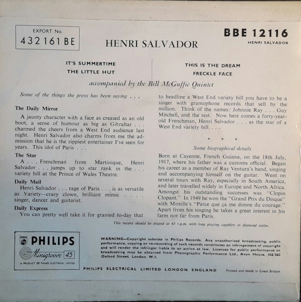 Henri Salvador : Sings in English (7",45 RPM)