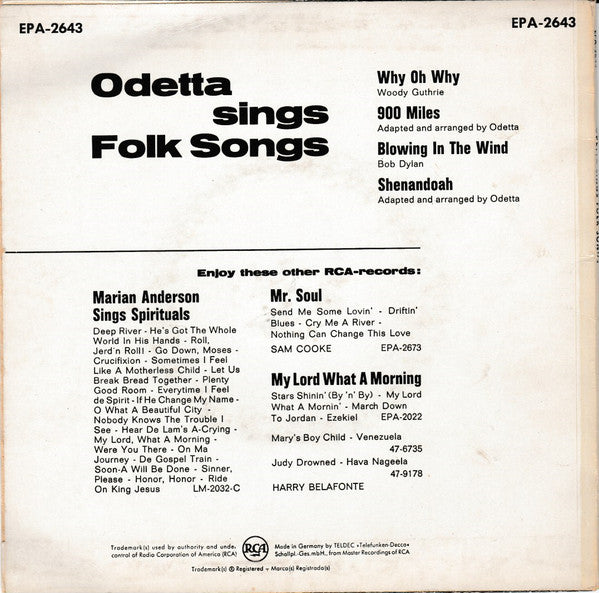 Odetta : Sings Folk Songs (7",45 RPM,EP)