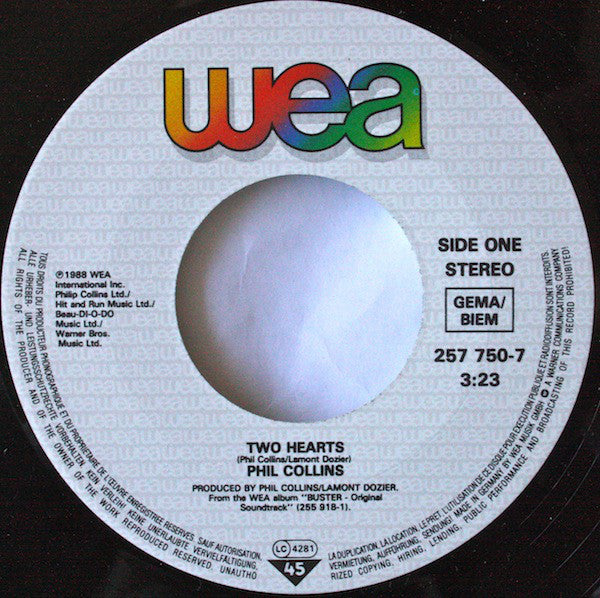 Phil Collins : Two Hearts (7",Single,45 RPM)