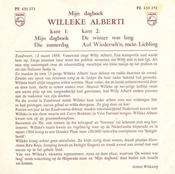 Willeke Alberti : Mijn Dagboek (7",45 RPM,EP,Mono)