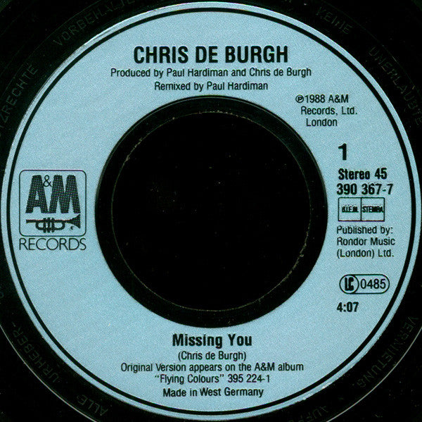Chris de Burgh : Missing You (7",45 RPM,Single,Stereo)