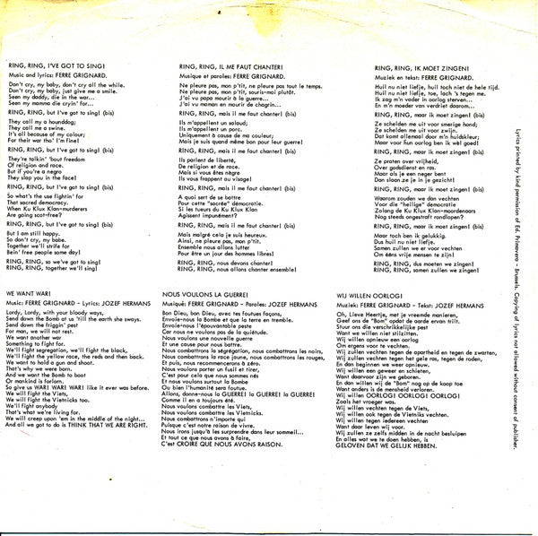 Ferre Grignard : Ring, Ring I've Got To Sing / We Want War (7",45 RPM,Single,Mono)