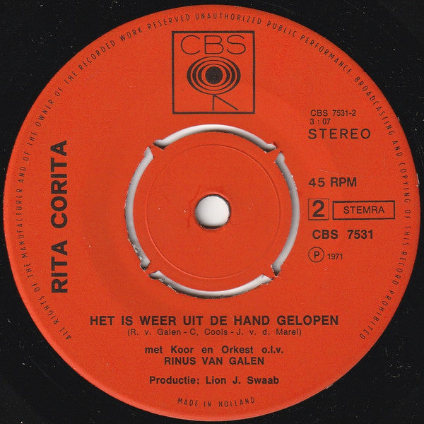 Rita Corita : Ja, We Zakken Allemaal Weer Door (7",45 RPM,Single,Stereo)