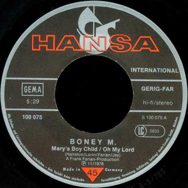 Boney M. : Mary's Boy Child / Oh My Lord (7",45 RPM,Single,Stereo)