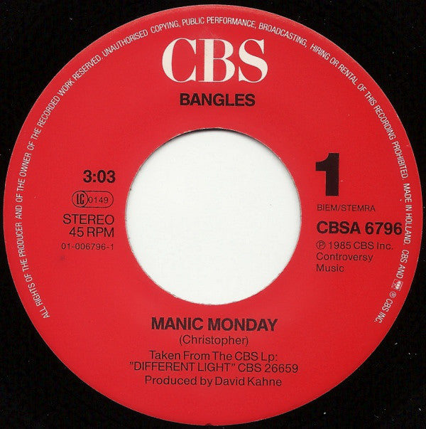 Bangles : Manic Monday (7",45 RPM,Single,Stereo)