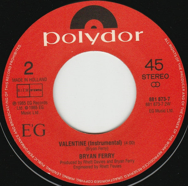 Bryan Ferry : Slave To Love (7",45 RPM,Single,Stereo)