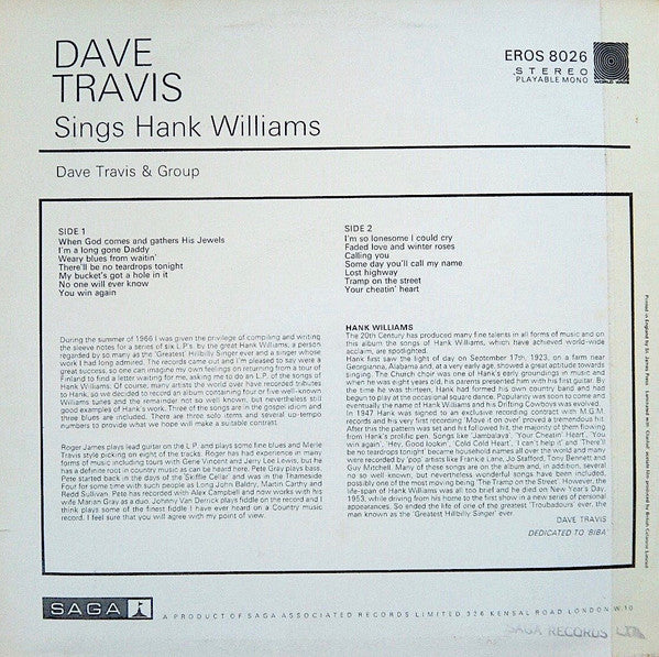 Dave Travis (2) : Dave Travis Sings Hank Williams (LP,Album)
