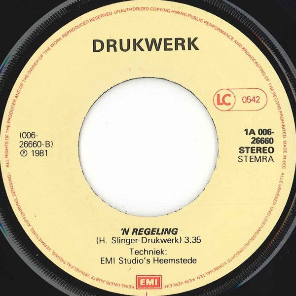 Drukwerk : Je Loog Tegen Mij / 'n Regeling (7",45 RPM,Single)